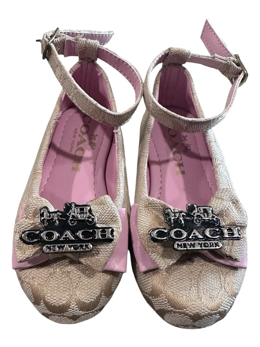 Coach Pink & Beige Signature Logo Kids Ballet Flats with Ankle Strap